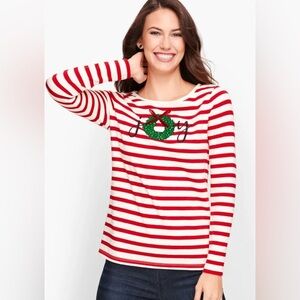 Talbots Embellished “Joy Wreath” Tee | Red & White Stripe | Women’s Size XLP